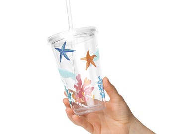 Nautical Shells Acrylic Tumbler 16 oz | Ocean Sea Print Reusable Cup with Lid & Straw | Double Wall Summer Drinkware | Beach Gift