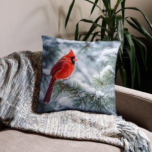 Cardinal Pillow Cover Winter Scene, Red Bird on Snowy Branch, Blue White Accent, Christmas Decor, 18x18 or 20x12 Sizes