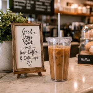 Peut inclure: Un gobelet en plastique transparent rempli de café glacé avec une paille assortie, placé à côté d'un panneau en bois rectangulaire portant le texte noir : Good Days Start with Iced Coffee & Cute Cups, orné de petites icônes en forme de cœur.
