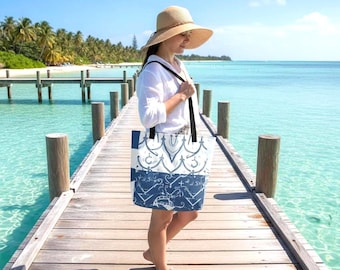 Nautical Coastal Tote Bag with Pocket | Large 16×20 Beach Bag