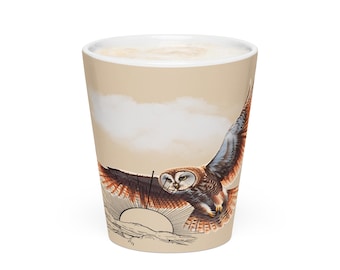 Owl Graphic Latte Mug | Beige Nature Scene, 12oz Ceramic