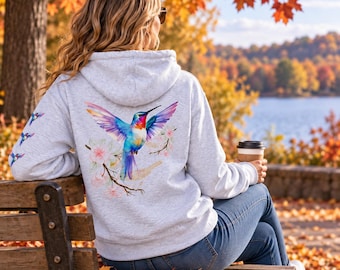 Felpa con cappuccio e zip con motivo colibrì, stampa floreale ad acquerello, vestibilità comoda (taglie S-2XL)
