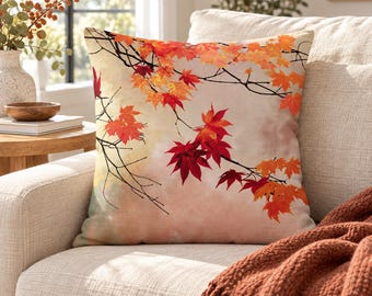 Fodera per cuscino autunnale con foglie d'acero arancioni e rosse, decorazione stagionale per la casa.
