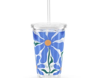 Blue Daisy Acrylic Tumbler 16 oz, Abstract Floral Cold Cup with Straw