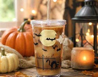 Halloween Tumbler with Straw, Witch & Black Cat Iced Coffee Cup, 16 oz