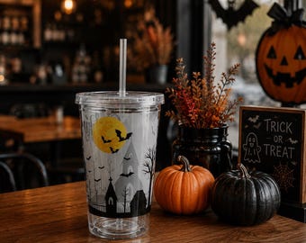 Tumbler Graveyard Moonlight Halloween Scene Acrylic 16 oz