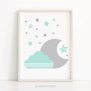 Mint Green Gray Nursery Wall Art, Moon And Stars Nursery Print, Baby Wall Art, Printable Nursery Art, Cloud Nursery Decor, Baby Art Print