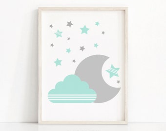 Mint Green Gray Nursery Wall Art, Moon And Stars Nursery Print, Baby Wall Art, Printable Nursery Art, Cloud Nursery Decor, Baby Art Print