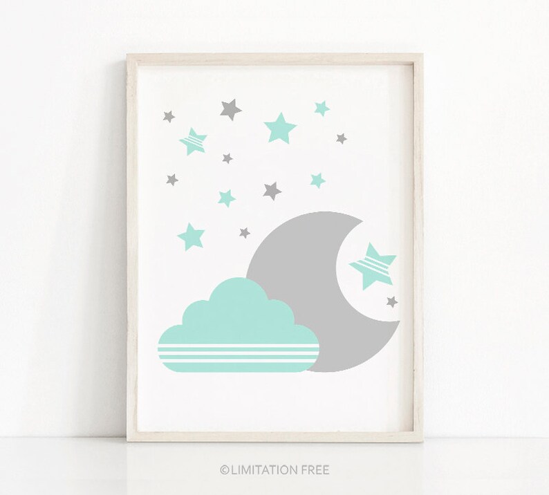 Mint Green Gray Nursery Wall Art Moon and Stars Nursery Etsy