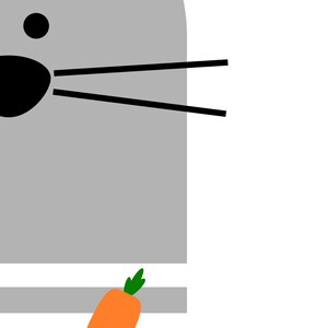 May include: A gray cartoon rabbit with black eyes and whiskers. The rabbit is holding an orange carrot in its paws.