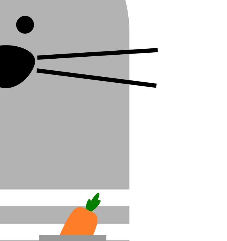 May include: A gray cartoon rabbit with black eyes and whiskers. The rabbit is holding an orange carrot in its paws.