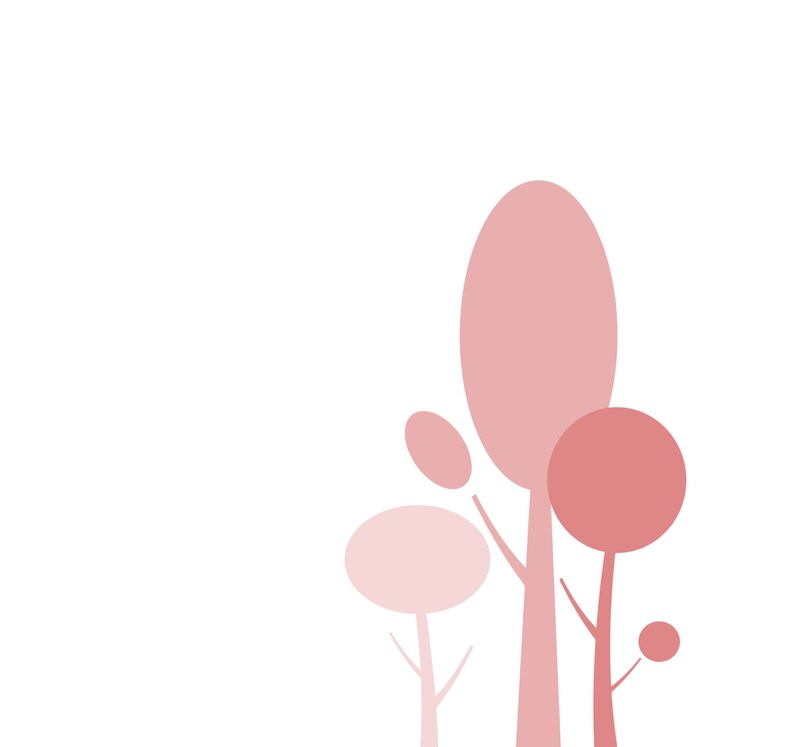 May include: Three pink stylized trees with rounded tops. The trees are different sizes and shades of pink.