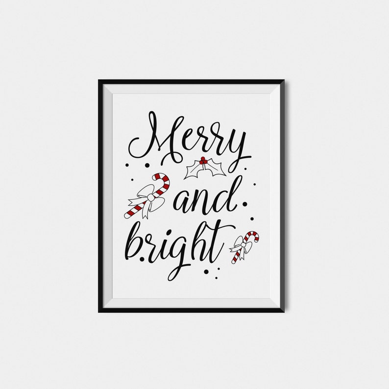 Christmas Print Merry And Bright, Printable Christmas Decor, Instant Download Christmas Printables, Holiday Print, Black And White Christmas image 5