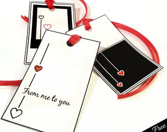 Printable gift tags, Simple Cute Heart Gift tags, Favor tag, printable black, white and red tags
