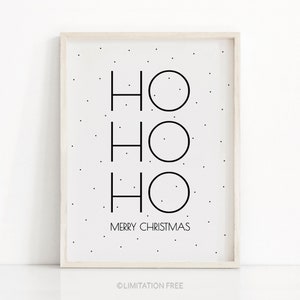 Peut inclure: Une impression d'art imprimable en noir et blanc avec le texte "HO HO HO" et "Joyeux Noël" sur un fond blanc avec des points noirs.