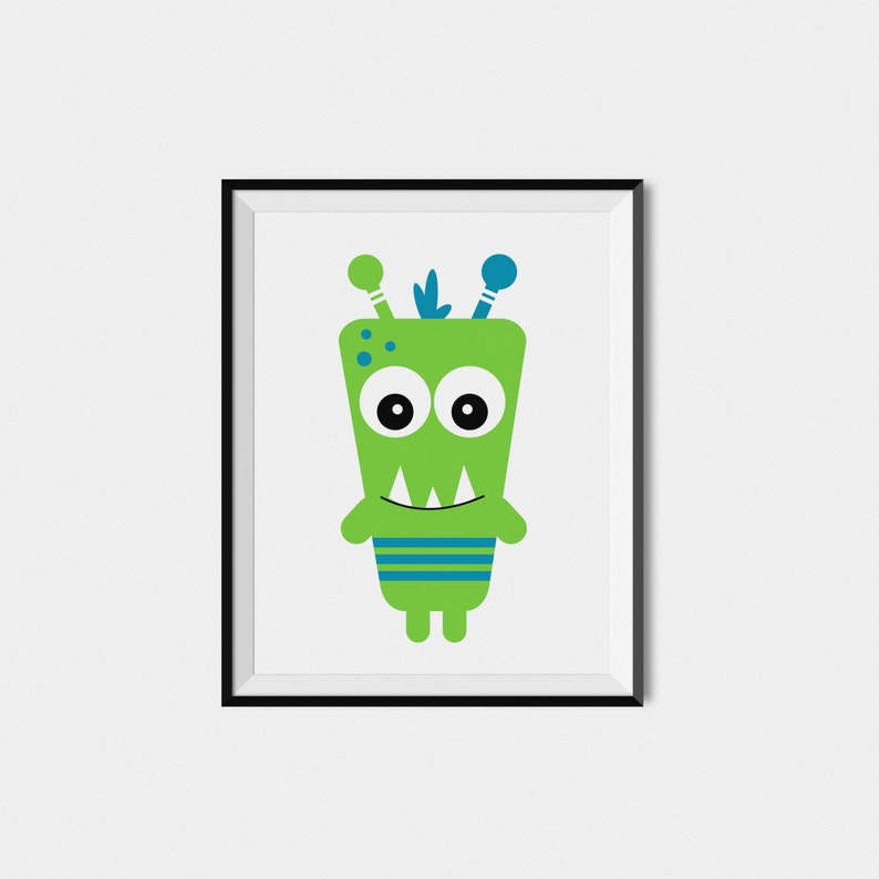 May include: A printable art print featuring a cartoon green monster with blue antennas, big eyes, and a toothy grin. The monster is wearing a blue and green striped shirt.