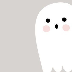 May include: A cartoon illustration of a white ghost with black eyes and a small mouth, and pink cheeks. The word "BOO" is at the bottom in orange, black, and yellow. The background is a light gray.