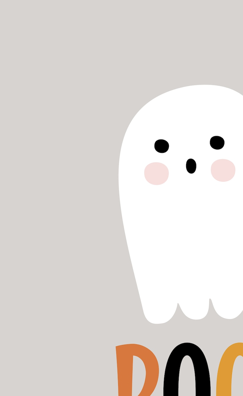 May include: A cartoon illustration of a white ghost with black eyes and a small mouth, and pink cheeks. The word "BOO" is at the bottom in orange, black, and yellow. The background is a light gray.