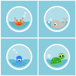 Pode incluir: Quatro criaturas marinhas de desenho animado coloridas em c&iacute;rculos azuis separados. Um caranguejo vermelho, uma baleia cinza, um polvo azul e uma tartaruga verde.
