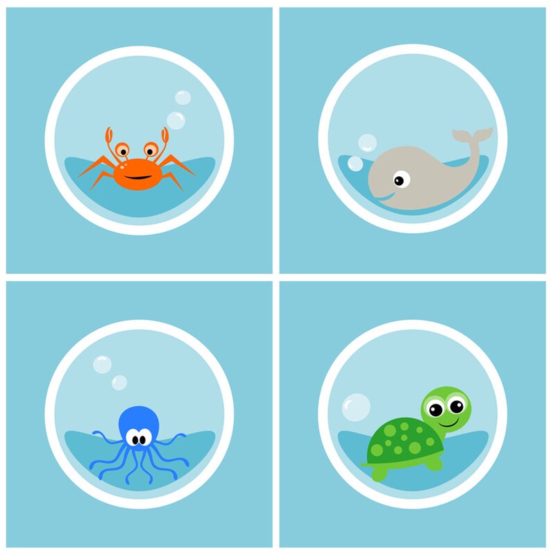 Pode incluir: Quatro criaturas marinhas de desenho animado coloridas em c&iacute;rculos azuis separados. Um caranguejo vermelho, uma baleia cinza, um polvo azul e uma tartaruga verde.