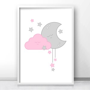 May include: A pink cloud with a smiling face is nestled next to a gray crescent moon with a smiling face.  The moon is hanging from a string with five small pink stars hanging below it.  There are also five small pink stars scattered around the cloud and moon.