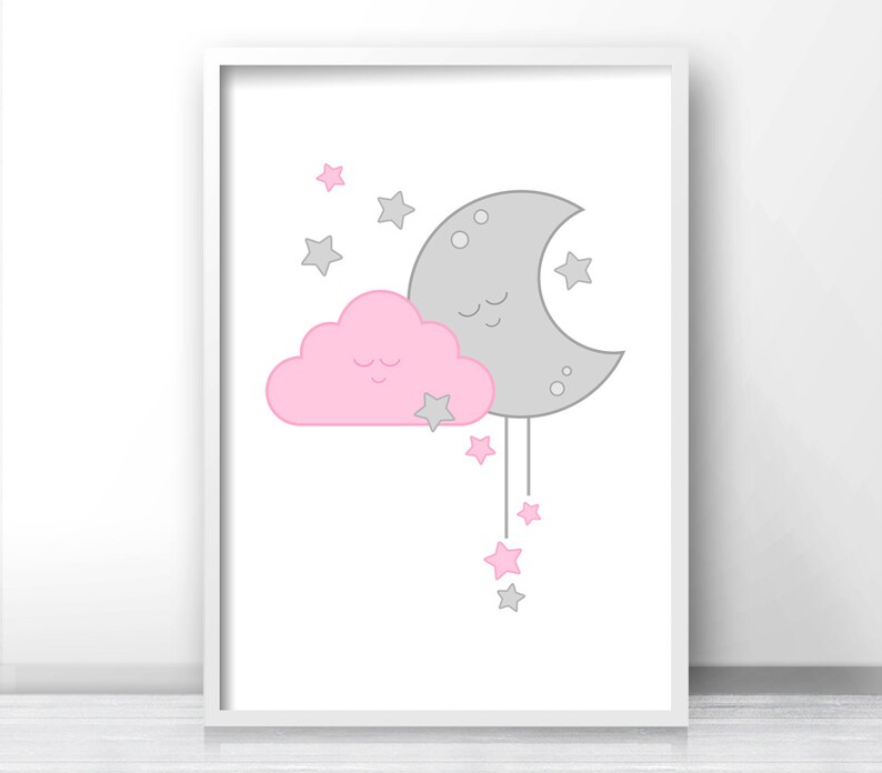 May include: A pink cloud with a smiling face is nestled next to a gray crescent moon with a smiling face.  The moon is hanging from a string with five small pink stars hanging below it.  There are also five small pink stars scattered around the cloud and moon.