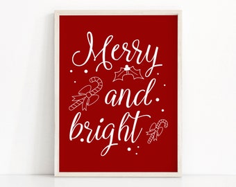 Digital Download Christmas Print, Merry And Bright Printable Christmas Art, Holiday Print Instant Download, Christmas Decor, Digital Print