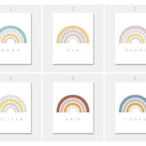 May include: Six printable cards featuring a rainbow with a name underneath. The rainbows are in different color combinations, including blue, yellow, pink, and red.