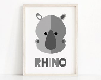 Modern nursery art print, rhino kids wall art, kids art print, digital printable art, safari art, animal nursery print, gray nursery decor