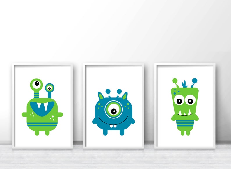 Monster Nursery Wall Art Print, Set Of 3 Monster Wall Art Prints For Kids, Kids Wall Art Set, Boys Room Art, Playroom Decor, Boy Nursery Art image 2