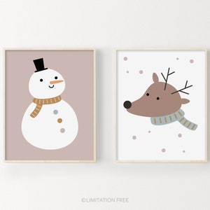 Cute Christmas Printables, Kids Christmas Wall Art, Snowman Print, Cute Reindeer Printable, Winter Wall Art, Download Kids Christmas Decor