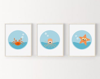Under The Sea Printable Nursery Art Set, Sea Nursery Prints, Ocean Nursery Wall Art, Printable Kids Wall Art Set Of 3, Baby Wall Art Prints