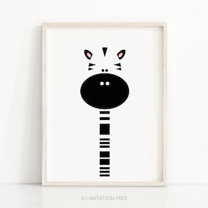 May include: Black and white illustration of a zebra with pink ears. The zebra is facing forward and has a simple design.