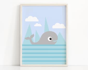 Whale Nursery Art Print, Baby Wall Art, Gray and Blue Nursery Decor, Baby Animal Nursery Print, Ocean Wall Art For Baby Boy Nursery Decor