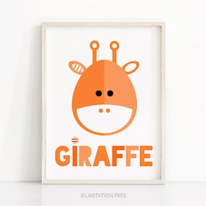 Giraffe nursery wall art, orange nursery print, printable art for kids, animal nursery decor art, kids print, baby animal print, giraffe art image 1