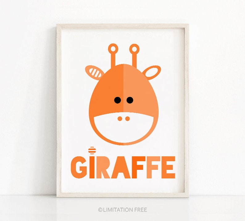 Giraffe nursery wall art, orange nursery print, printable art for kids, animal nursery decor art, kids print, baby animal print, giraffe art image 1