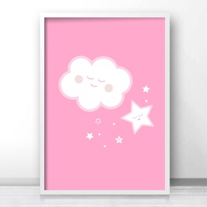 May include: A pink background with a white cloud with a smiling face and a white star with a smiling face. There are smaller white stars scattered around the cloud and star.