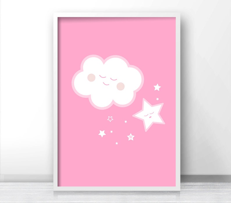 May include: A pink background with a white cloud with a smiling face and a white star with a smiling face. There are smaller white stars scattered around the cloud and star.