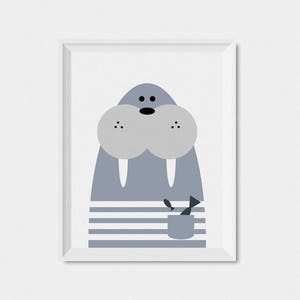 May include: A gray and white cartoon walrus with a striped shirt and a pocket with a fish inside. The walrus has a big smile and is looking at the viewer.