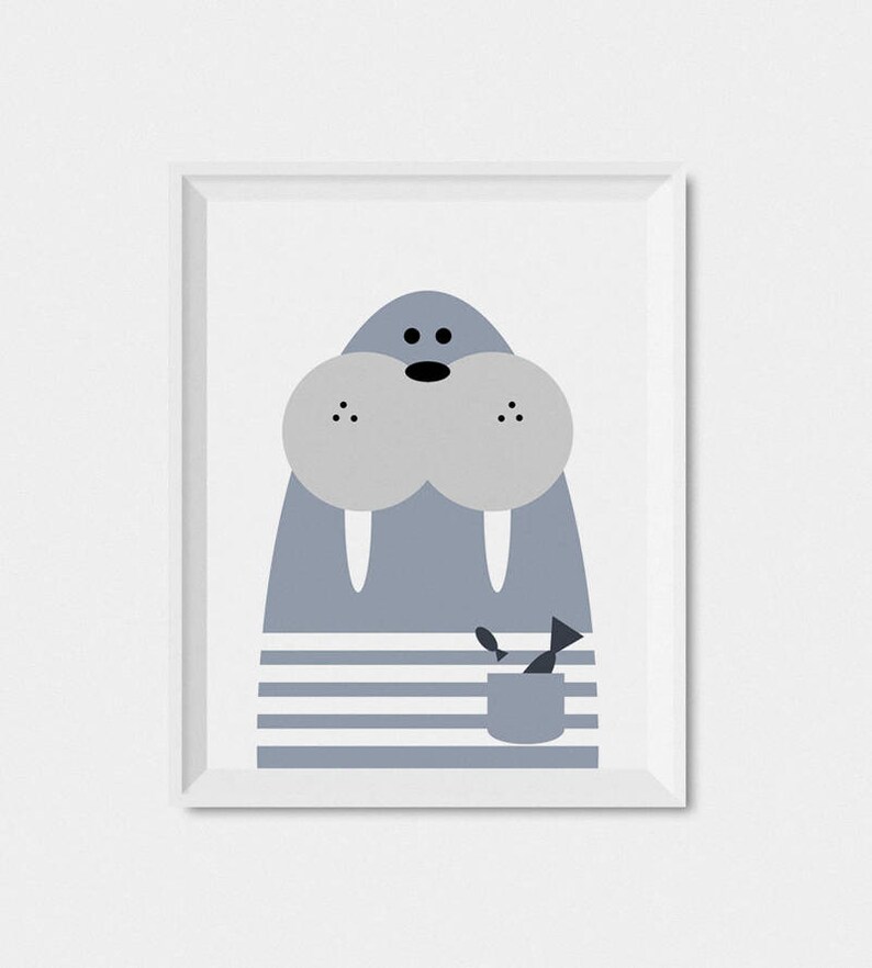 May include: A gray and white cartoon walrus with a striped shirt and a pocket with a fish inside. The walrus has a big smile and is looking at the viewer.