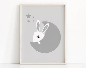Moon And Stars Nursery Print, Bunny Nursery Printable, Baby Wall Art, Gray White Nursery Decor, Baby Animal Print, Gray Nursery Art Print