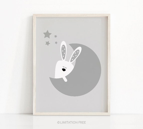 Moon And Stars Nursery Print, Bunny Nursery Printable, Baby Wall Art, Gray White Nursery Decor, Baby Animal Print, Gray Nursery Art Print
