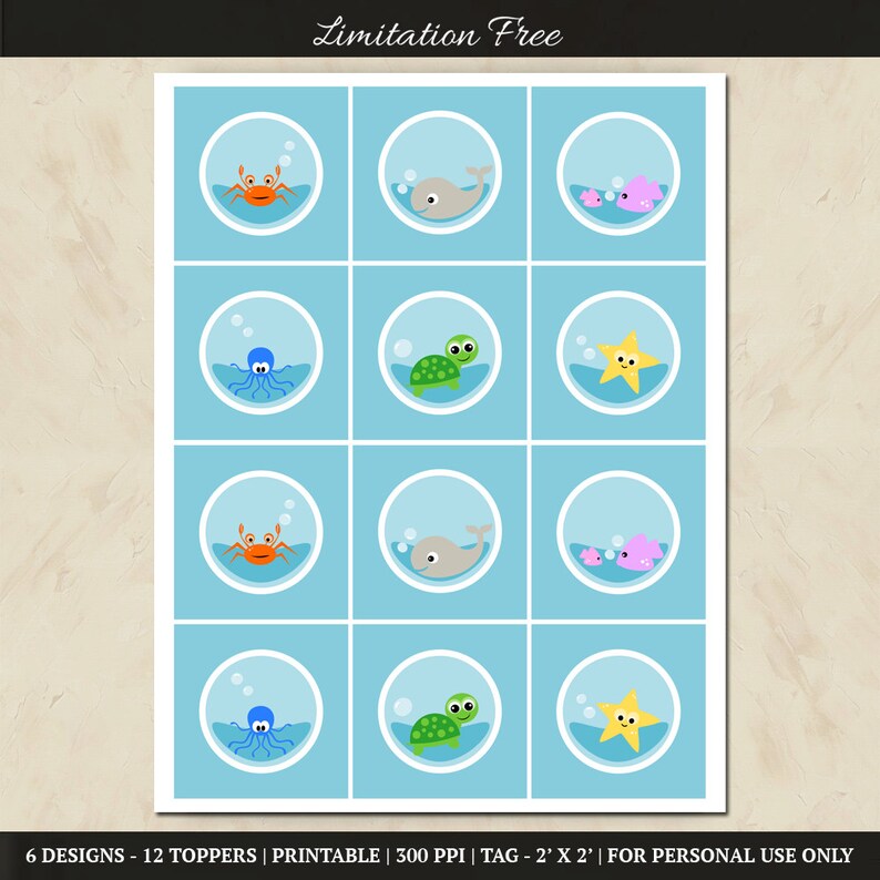 Pode incluir: Doze toppers circulares imprim&iacute;veis de 5 cm por 5 cm com seis criaturas marinhas diferentes: um caranguejo, uma baleia, um peixe, um polvo, uma tartaruga e uma estrela do mar. Os toppers est&atilde;o sobre um fundo azul claro.