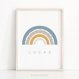 May include: A framed print with a rainbow design in shades of blue, yellow, and gray. The rainbow has black dots on it. The name "LUCAS" is printed below the rainbow.