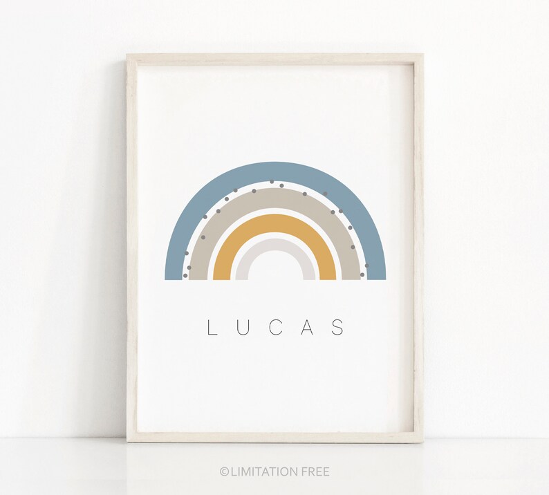 May include: A framed print with a rainbow design in shades of blue, yellow, and gray. The rainbow has black dots on it. The name "LUCAS" is printed below the rainbow.