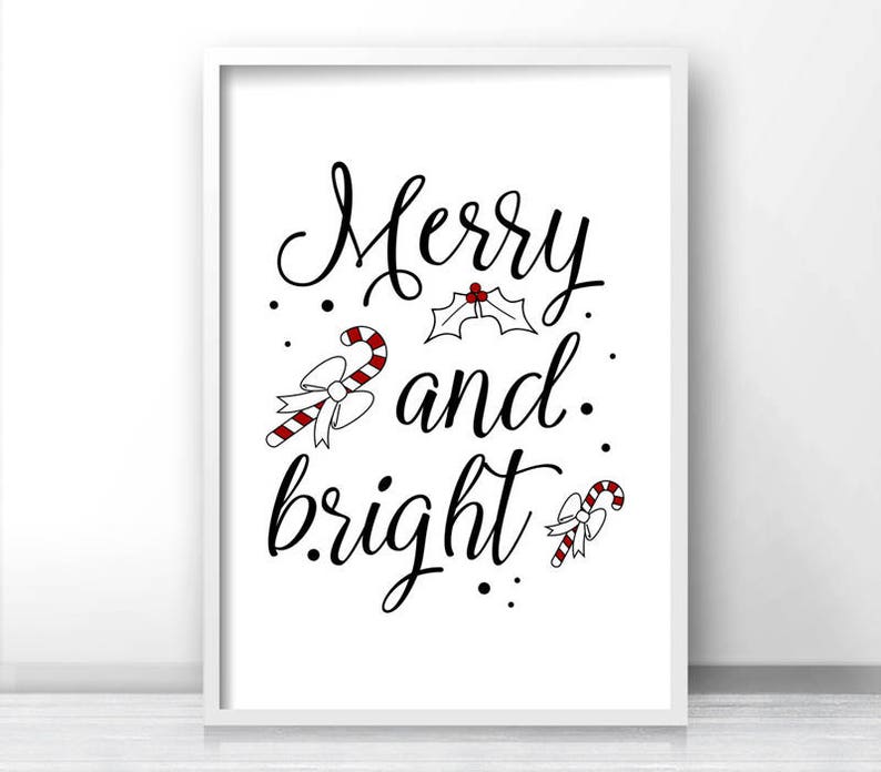 Christmas Print Merry And Bright, Printable Christmas Decor, Instant Download Christmas Printables, Holiday Print, Black And White Christmas image 4