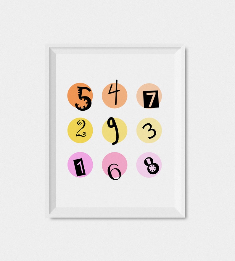May include: A white framed print with nine colorful circles, each containing a black number from 1 to 9. The circles are arranged in three rows of three. The background is white.