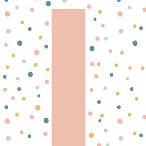 May include: A vertical pink rectangle on a white background with a scattered pattern of small circles in pink, yellow, and blue.