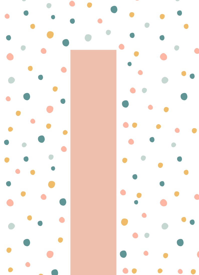 May include: A vertical pink rectangle on a white background with a scattered pattern of small circles in pink, yellow, and blue.