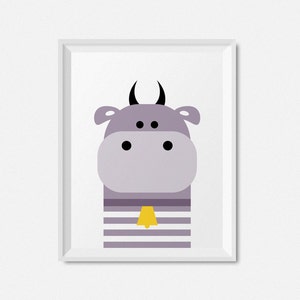 May include: A purple and white cartoon cow with black eyes and a yellow bell around its neck. The cow is wearing a striped shirt.